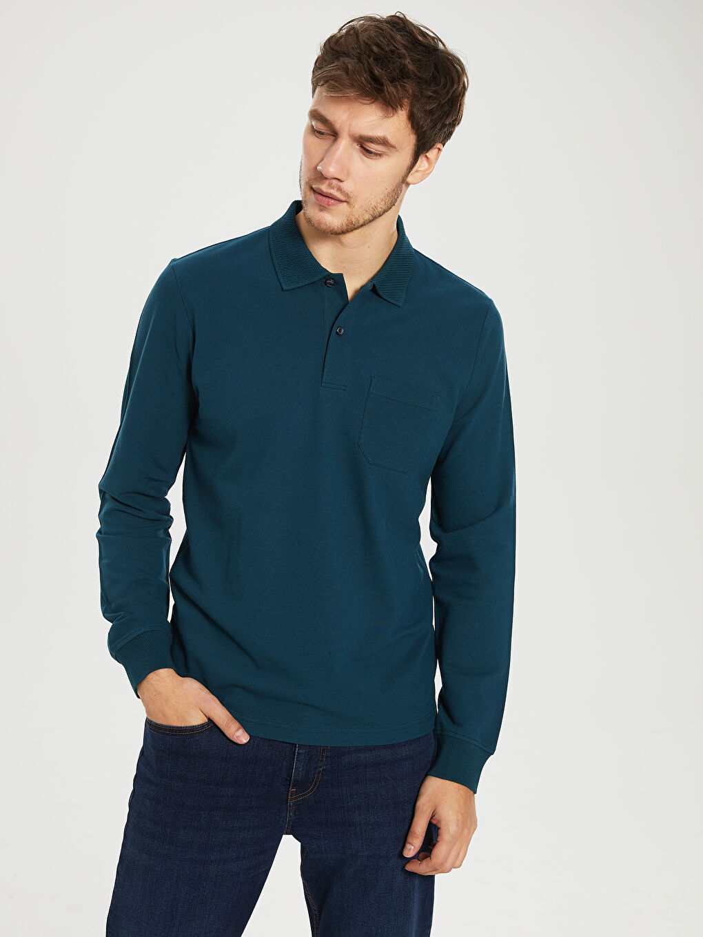 Petrol Polo Yaka Uzun Kollu Erkek Tişört-1