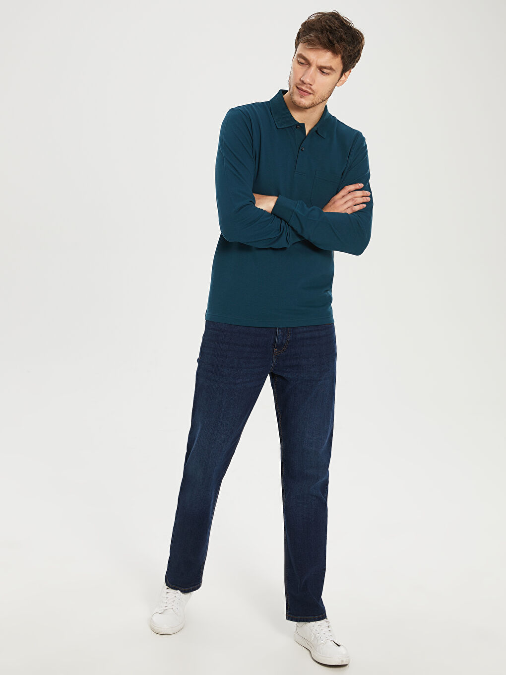 Petrol Polo Yaka Uzun Kollu Erkek Tişört-3