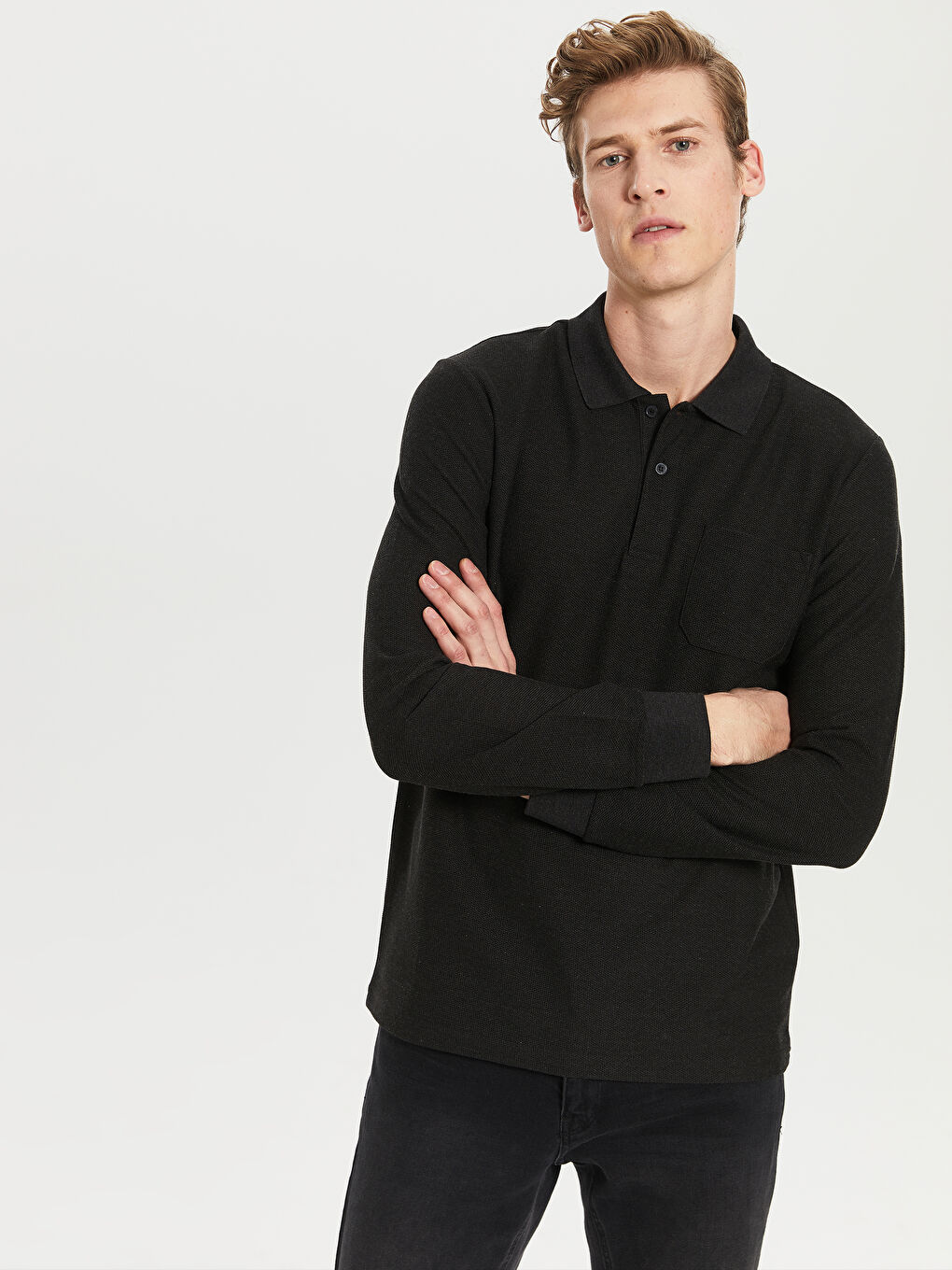 Polo Neck Long Sleeve Basic Pique T-Shirt