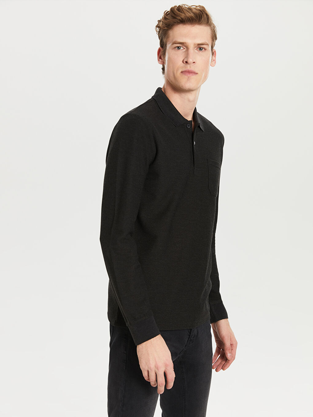Polo Neck Long Sleeve Basic Pique T-Shirt-2