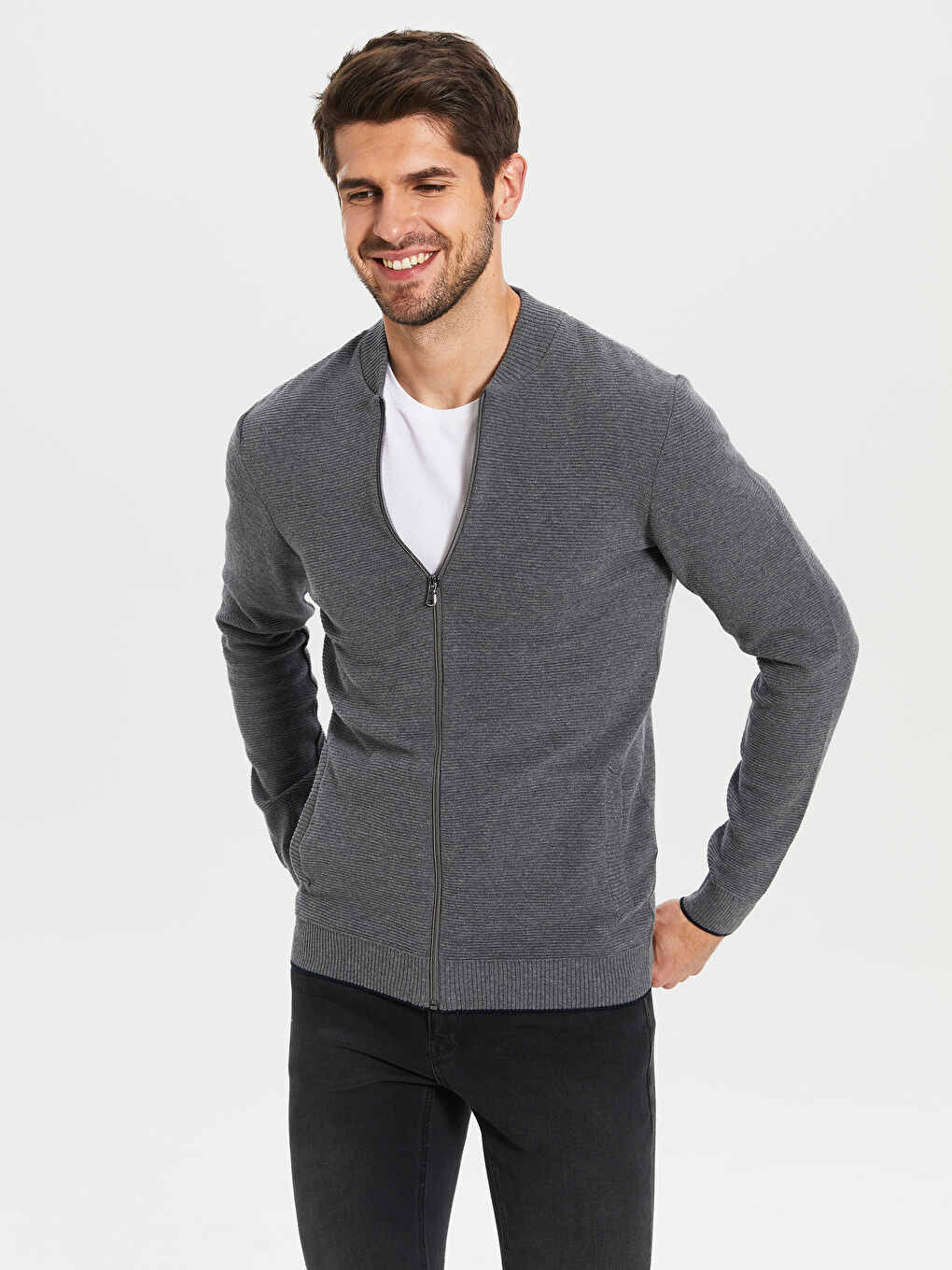 Gri Standart Kalıp Kolej Yaka Erkek Hırka