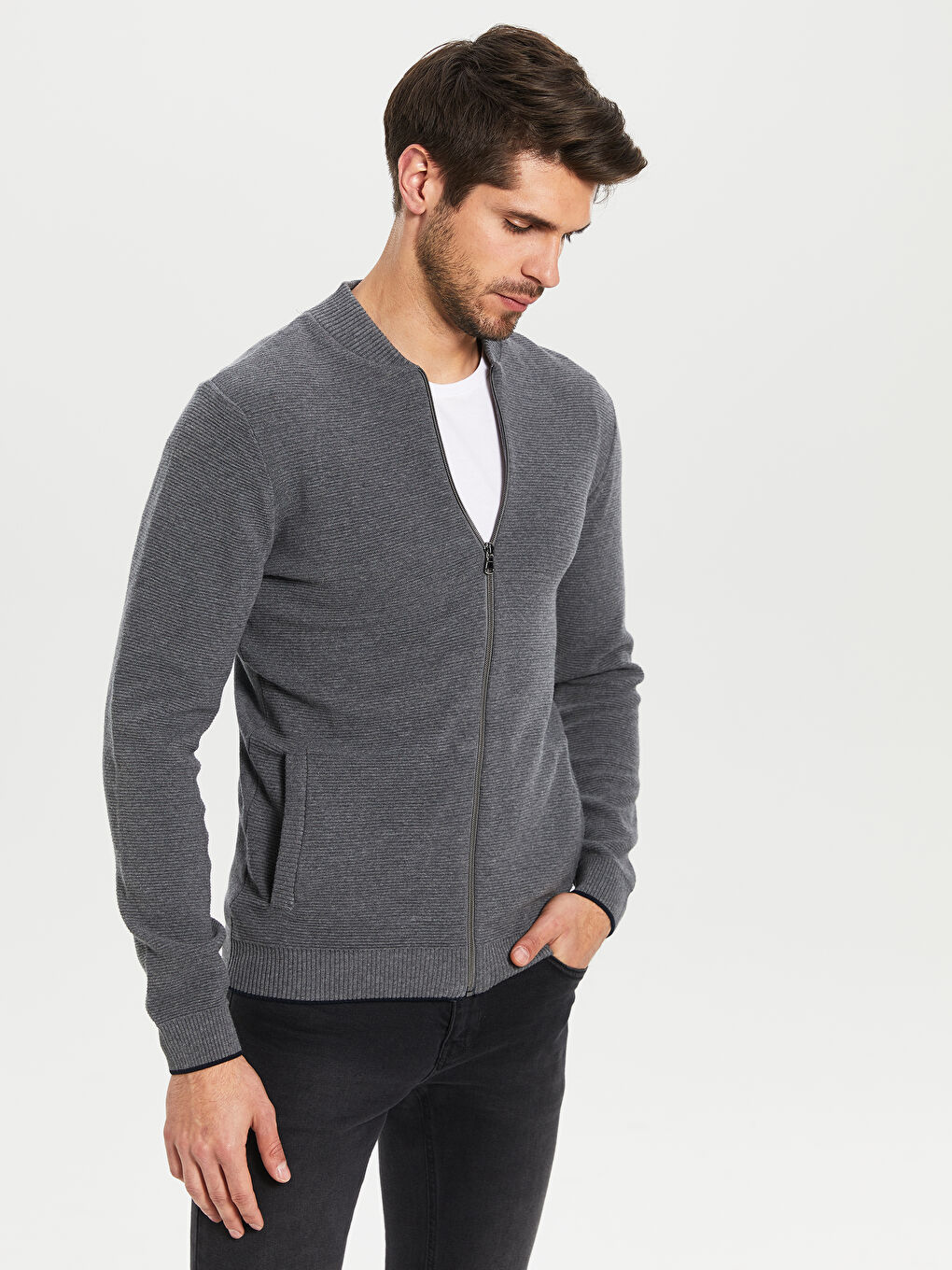 Gri Standart Kalıp Kolej Yaka Erkek Hırka-1