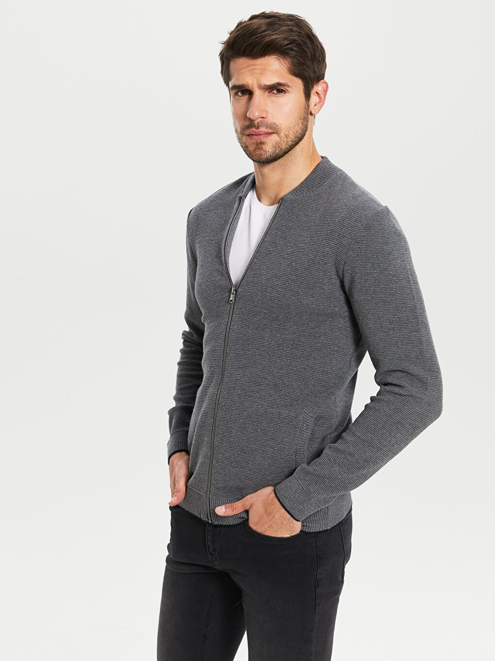 Gri Standart Kalıp Kolej Yaka Erkek Hırka-2