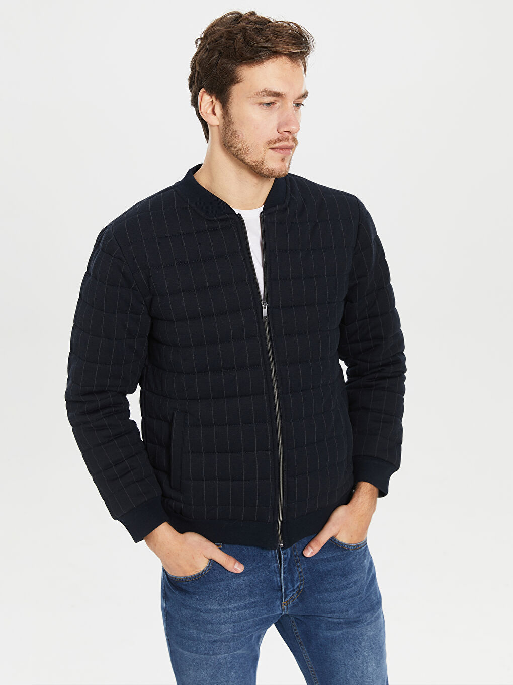 Lacivert Slim Fit Kolej Yaka Bomber Erkek Mont