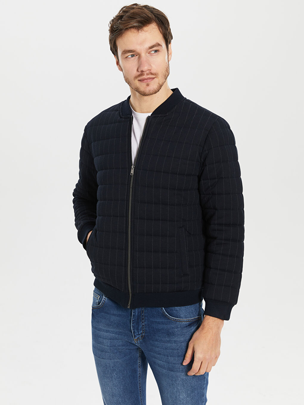 Lacivert Slim Fit Kolej Yaka Bomber Erkek Mont-1