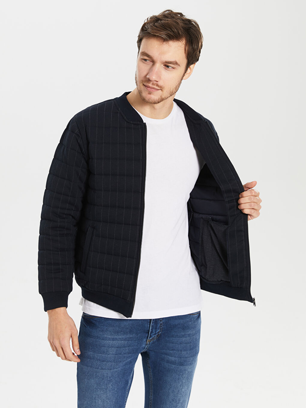 Lacivert Slim Fit Kolej Yaka Bomber Erkek Mont-2