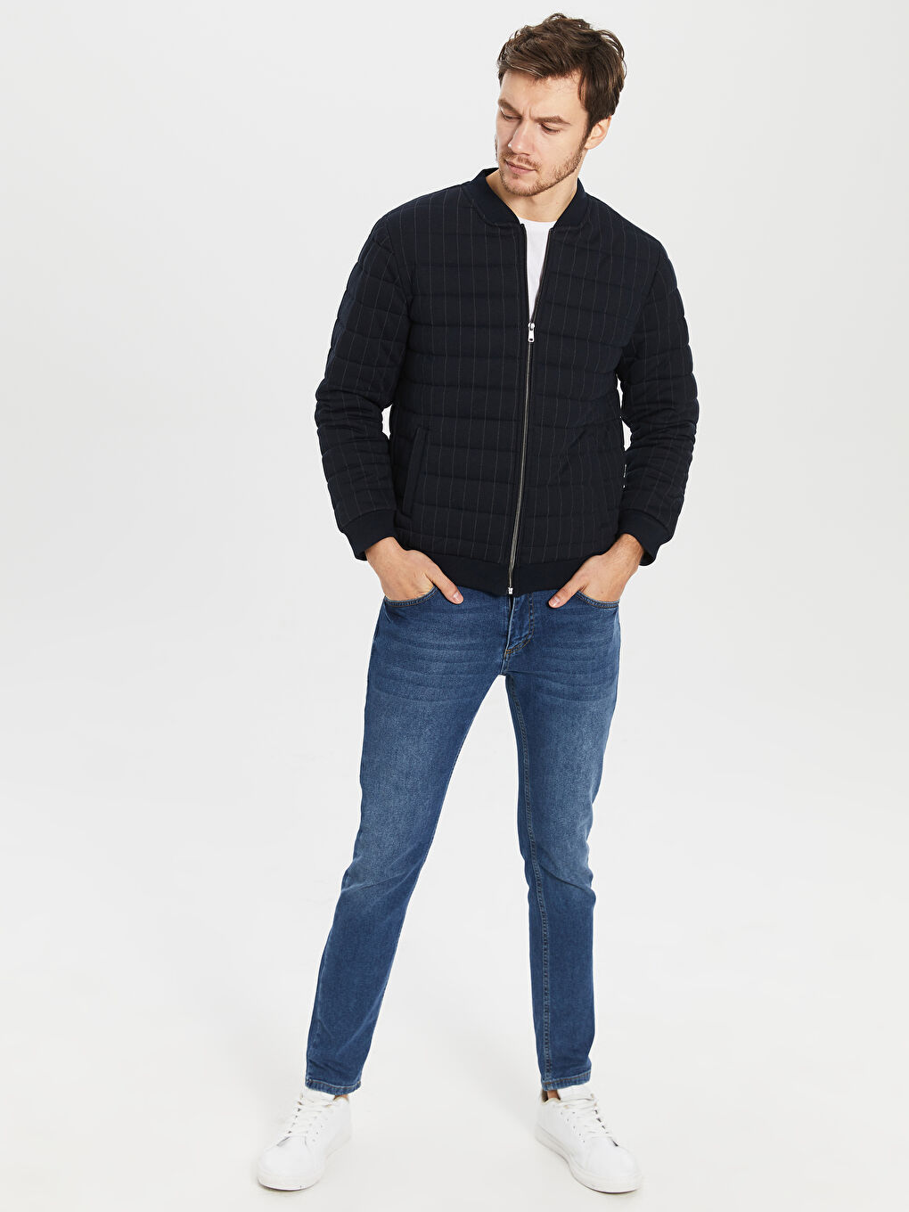 Lacivert Slim Fit Kolej Yaka Bomber Erkek Mont-4