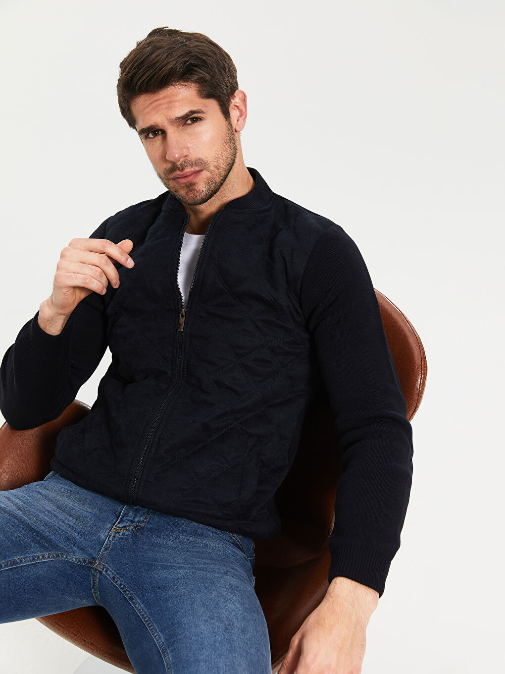 Lacivert Kolej Yaka Uzun Kollu Fermuarlı Erkek Triko Hırka