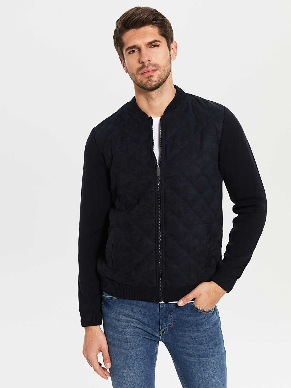 Lacivert Kolej Yaka Uzun Kollu Fermuarlı Erkek Triko Hırka-1