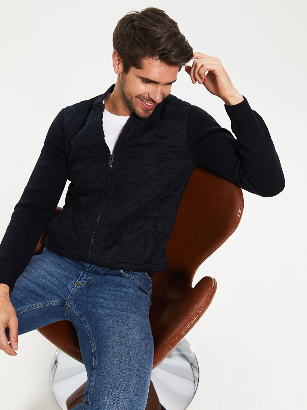 Lacivert Kolej Yaka Uzun Kollu Fermuarlı Erkek Triko Hırka-2