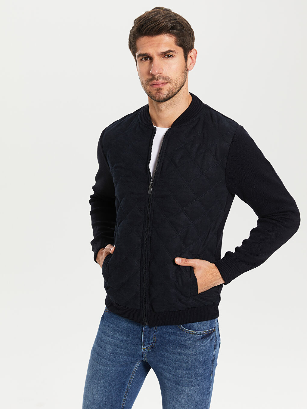 Lacivert Kolej Yaka Uzun Kollu Fermuarlı Erkek Triko Hırka-3