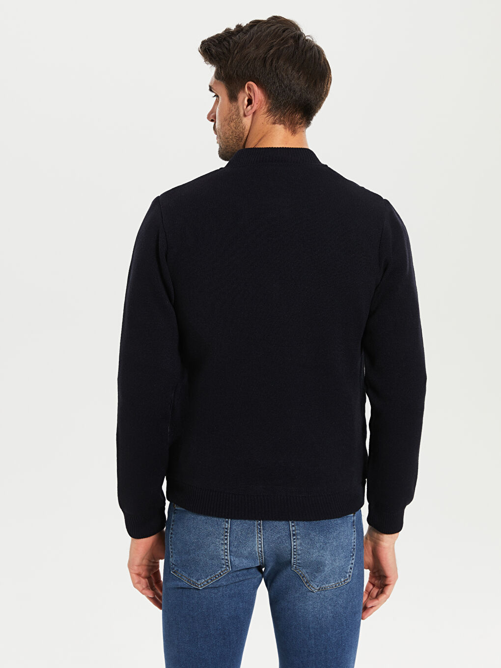 Lacivert Kolej Yaka Uzun Kollu Fermuarlı Erkek Triko Hırka-4