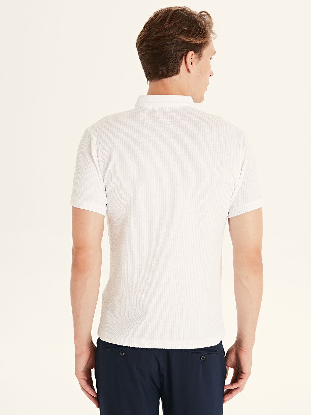 Beyaz Polo Yaka Kısa Kollu Erkek Tişört-3