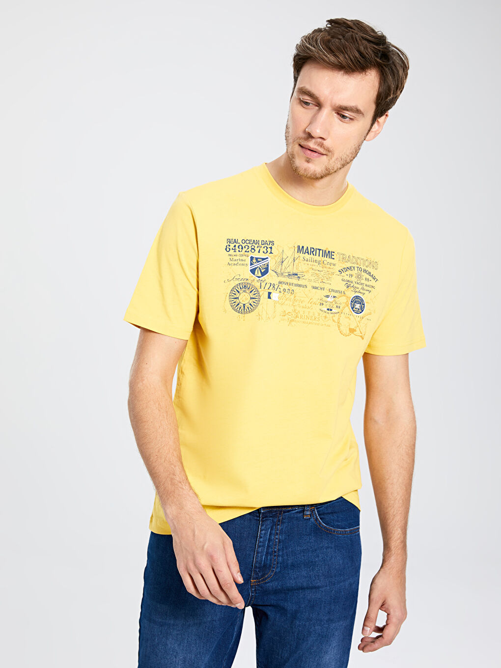 Sarı Bisiklet Yaka Penye Erkek Tişört-1