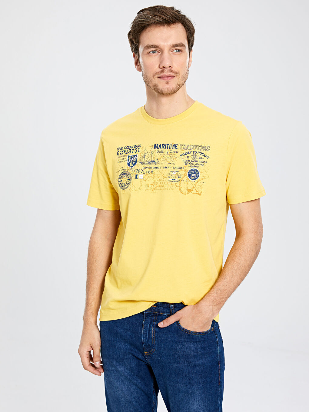 Sarı Bisiklet Yaka Penye Erkek Tişört-2