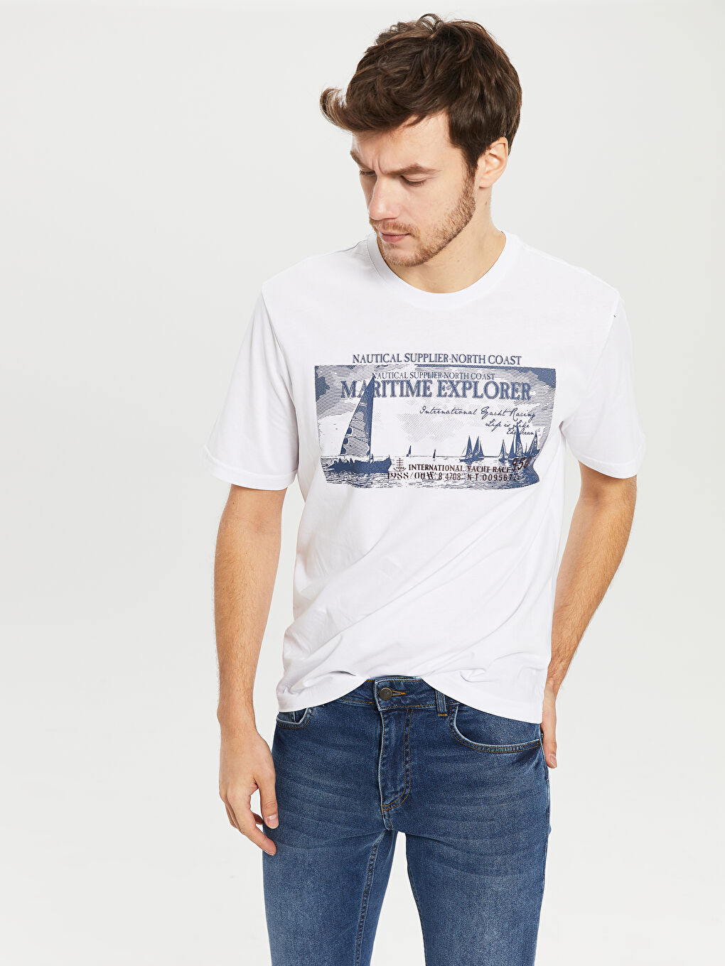 Beyaz Penye Erkek Tişört-1