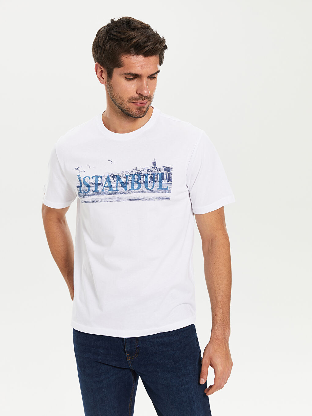 Beyaz Penye Erkek Tişört-1