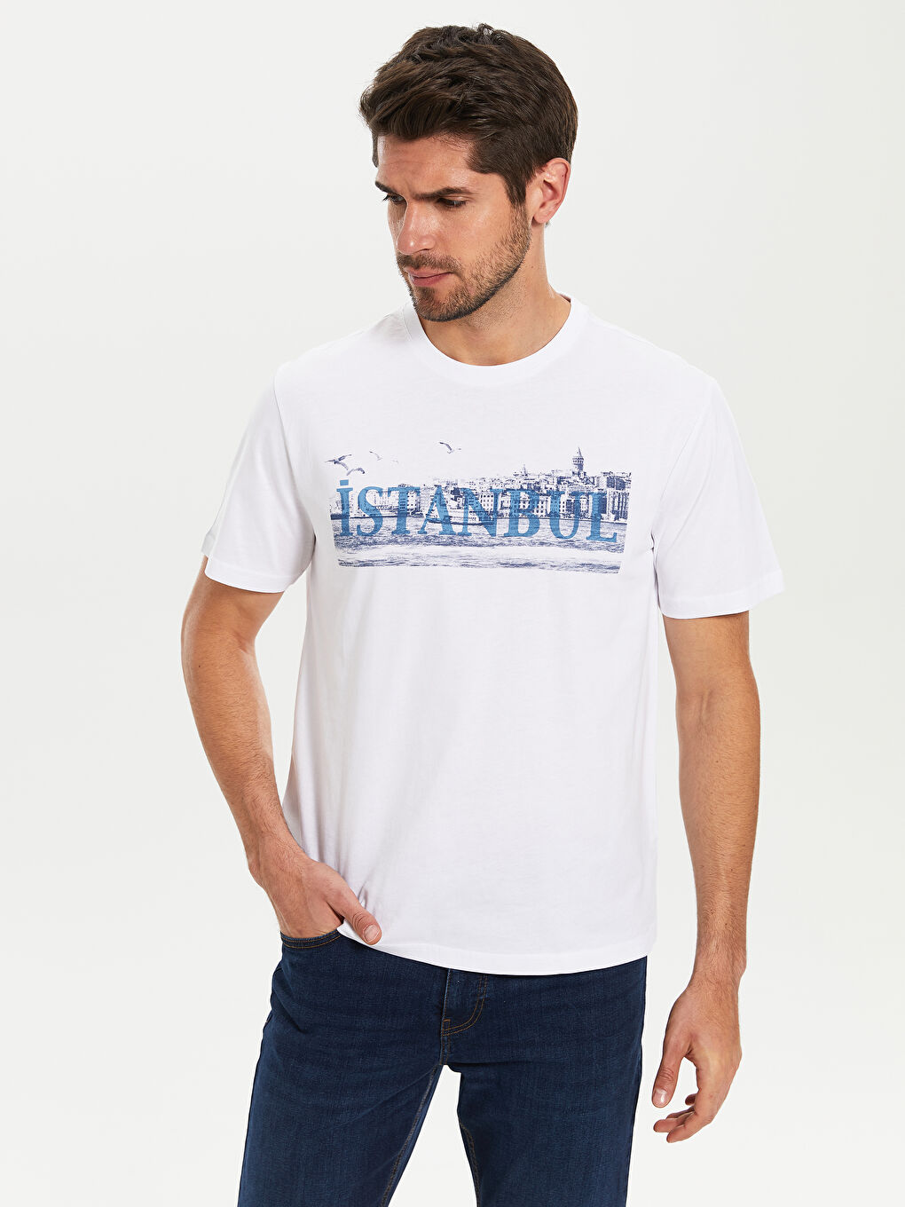 Beyaz Penye Erkek Tişört-2