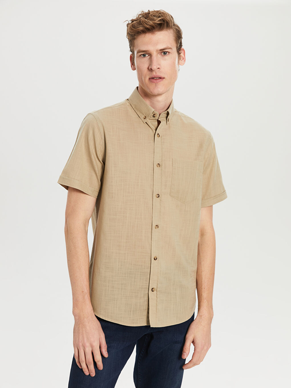 Bej Poplin Erkek Gömlek