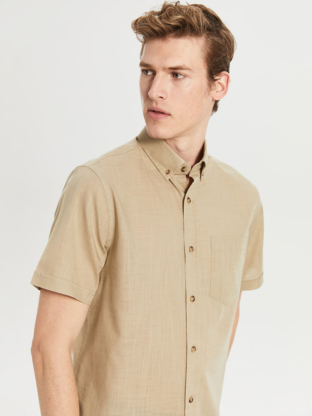 Bej Poplin Erkek Gömlek-2