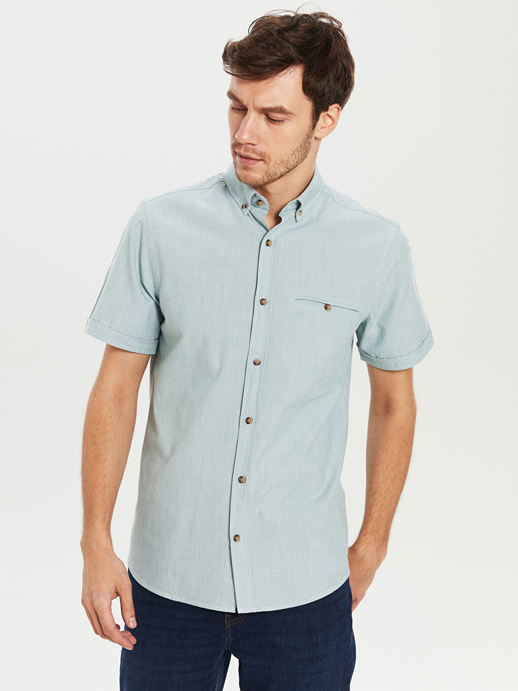 Regular Fit Short Sleeve Basic Poplin Shirt-2