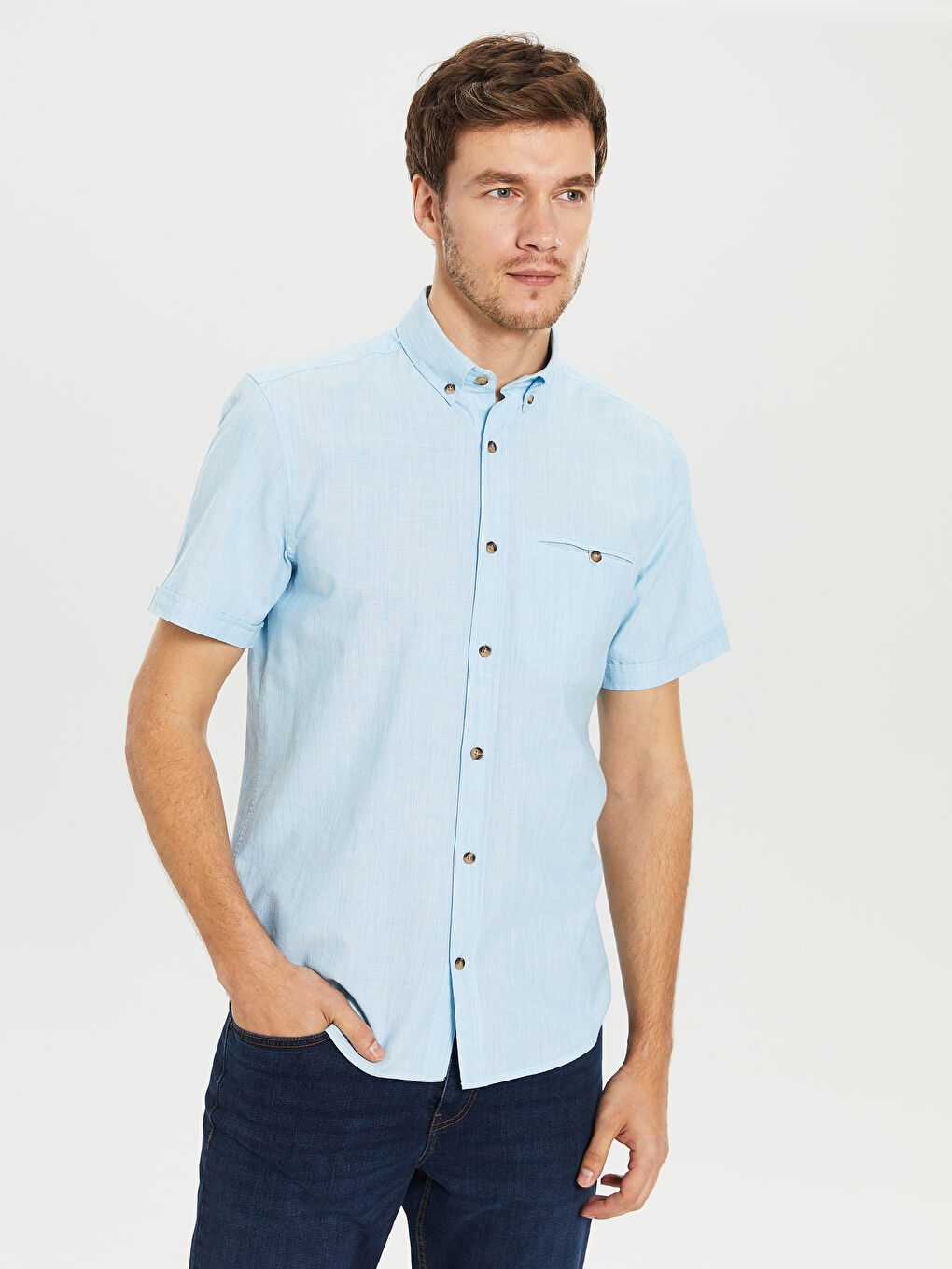 Turkuaz Regular Fit Kısa Kollu Basic Poplin Gömlek