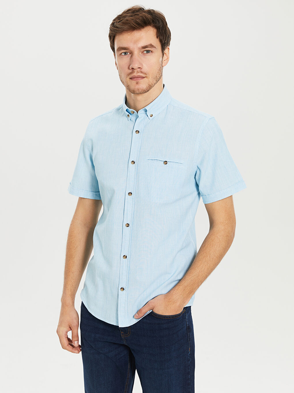 Turkuaz Regular Fit Kısa Kollu Basic Poplin Gömlek-3