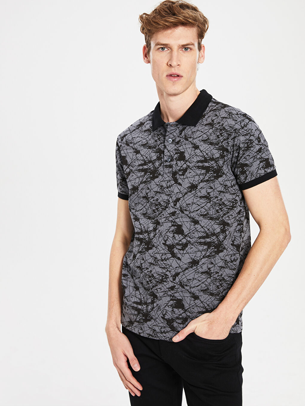 Gri Polo Yaka Kısa Kollu Penye Erkek Tişört