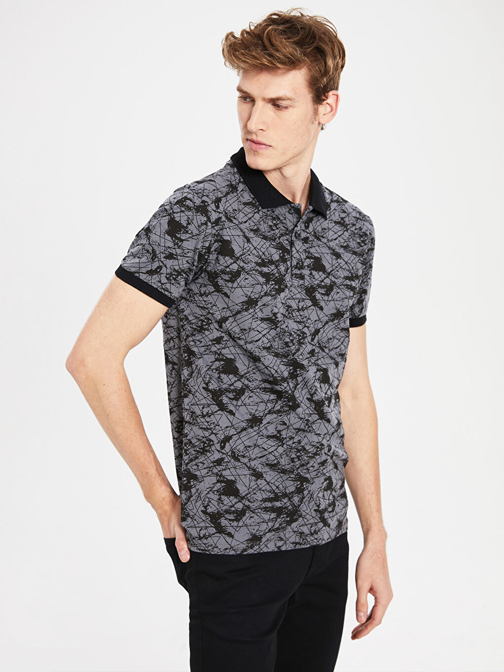 Gri Polo Yaka Kısa Kollu Penye Erkek Tişört-1