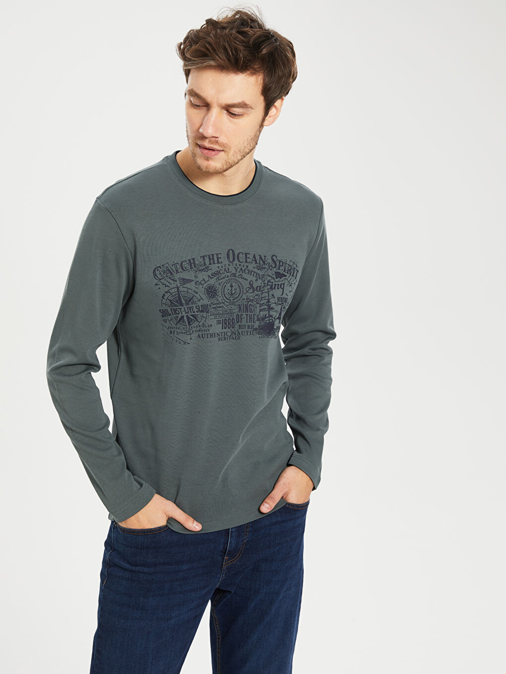 Haki Bisiklet Yaka Baskılı Uzun Kollu Tişört-1