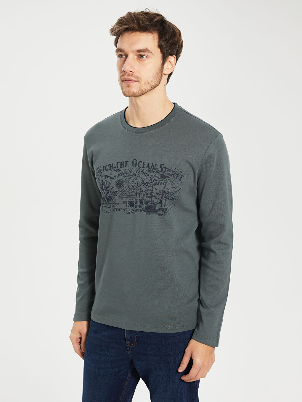 Haki Bisiklet Yaka Baskılı Uzun Kollu Tişört-2