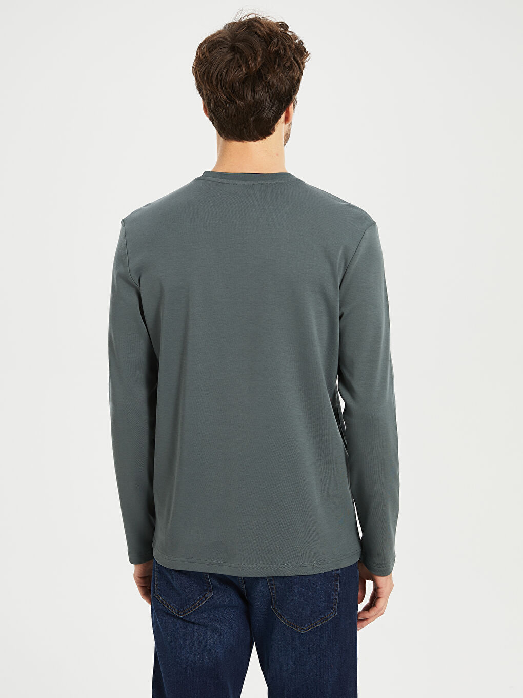 Haki Bisiklet Yaka Baskılı Uzun Kollu Tişört-3