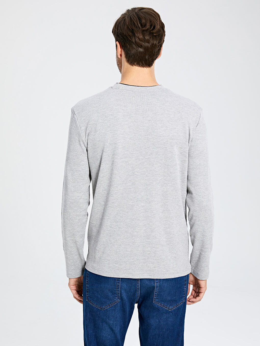 Gri Bisiklet Yaka Baskılı Uzun Kollu Tişört-2