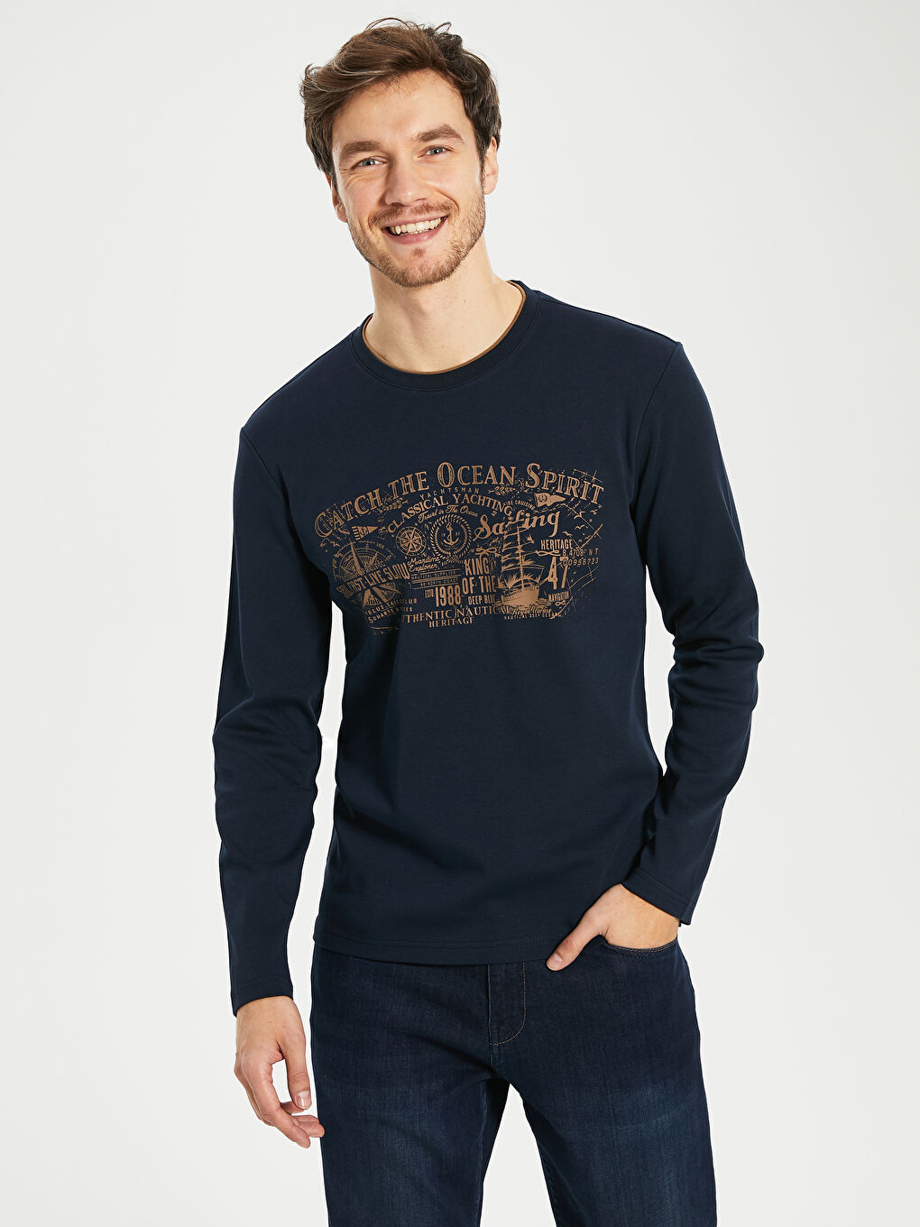 Lacivert Bisiklet Yaka Baskılı Uzun Kollu Tişört