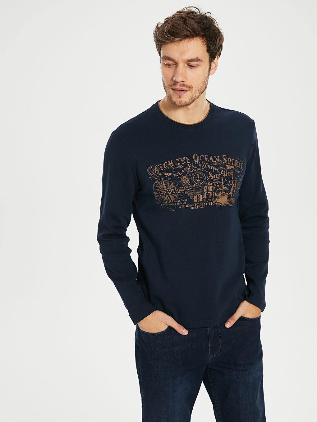 Lacivert Bisiklet Yaka Baskılı Uzun Kollu Tişört-1