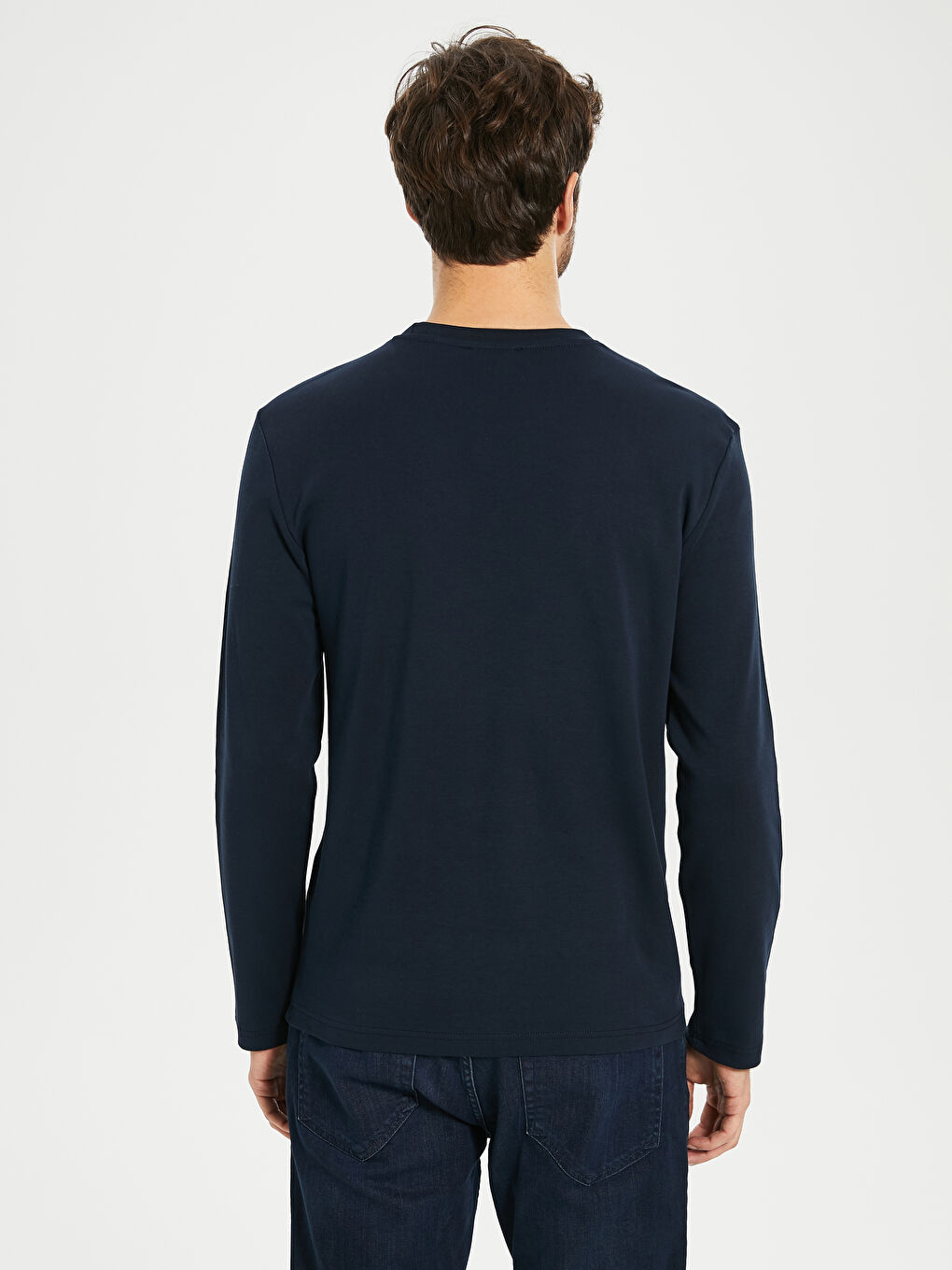 Lacivert Bisiklet Yaka Baskılı Uzun Kollu Tişört-3