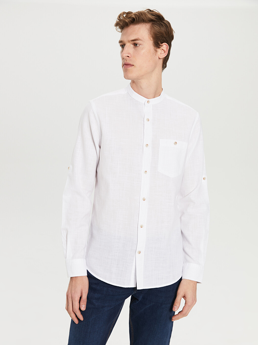 LCWAIKIKI Classic Regular Fit Long Sleeve Grandad Collar Linen