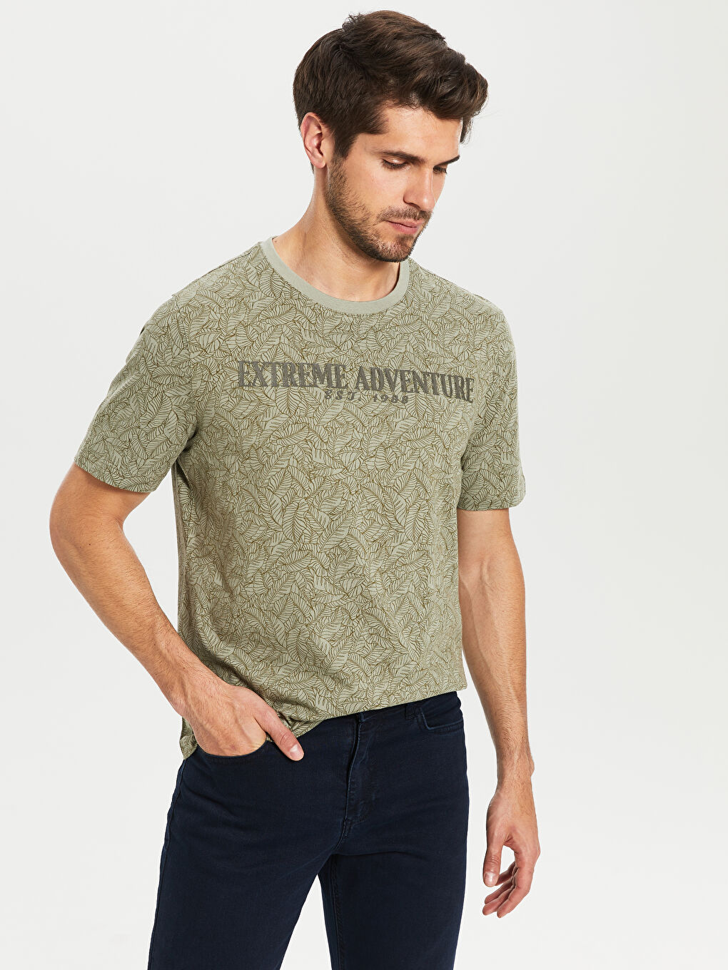 Haki Bisiklet Yaka Kısa Kollu Baskılı Penye Erkek Tişört