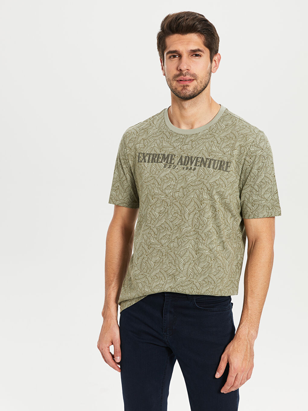 Haki Bisiklet Yaka Kısa Kollu Baskılı Penye Erkek Tişört-2