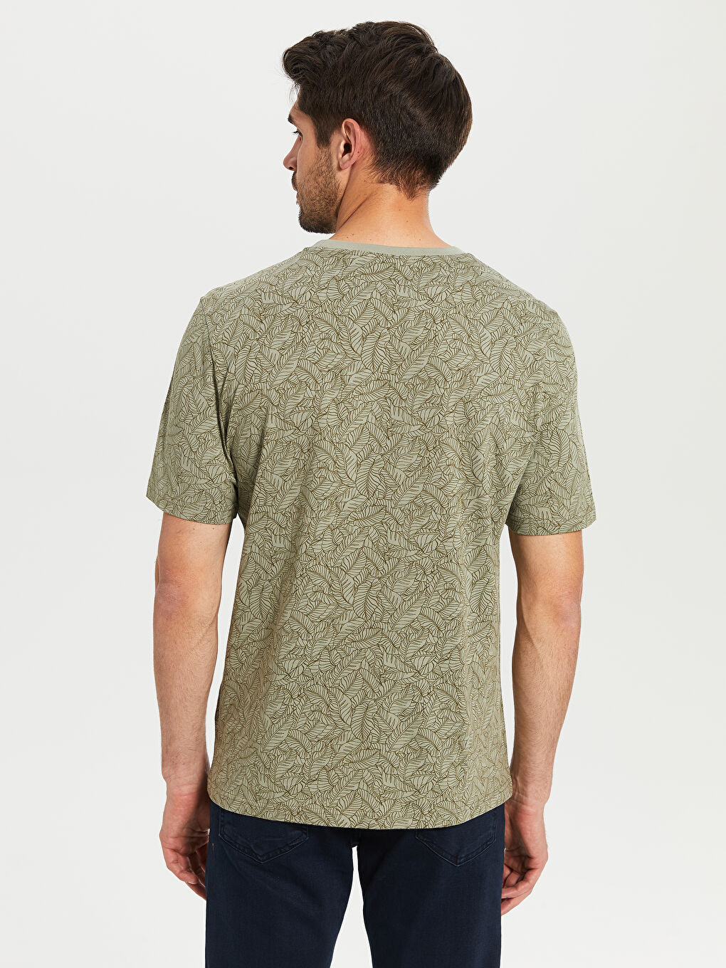 Haki Bisiklet Yaka Kısa Kollu Baskılı Penye Erkek Tişört-3