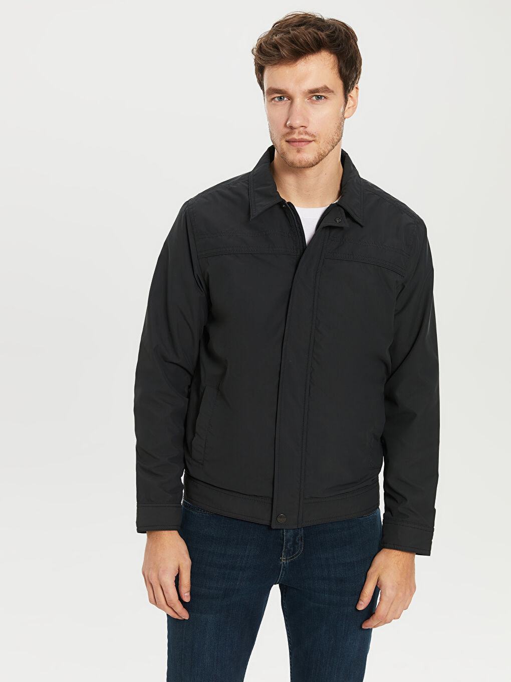 Gri Rahat Kalıp Dik Yaka İnce Erkek Mont-1