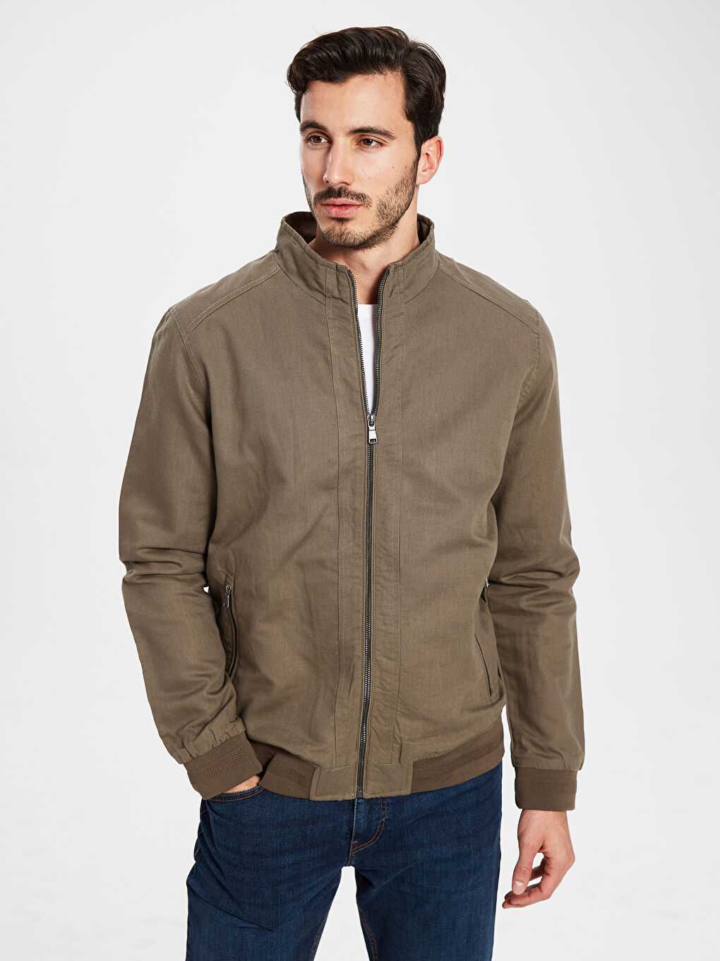 Haki Standart Kalıp Dik Yaka İnce Erkek Mont-1