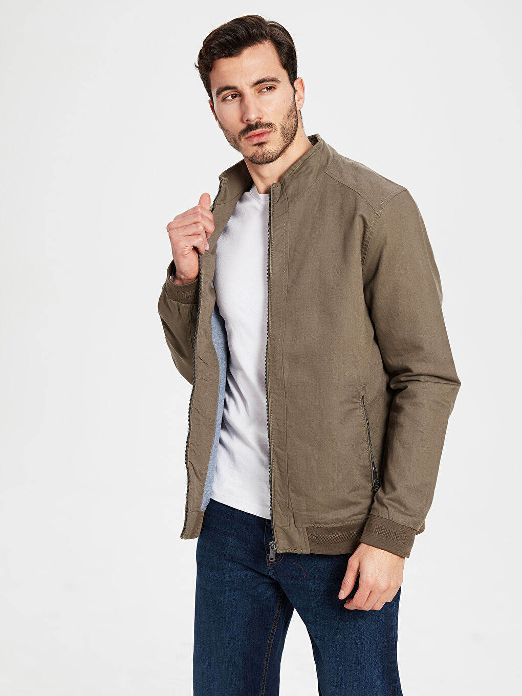 Haki Standart Kalıp Dik Yaka İnce Erkek Mont-2