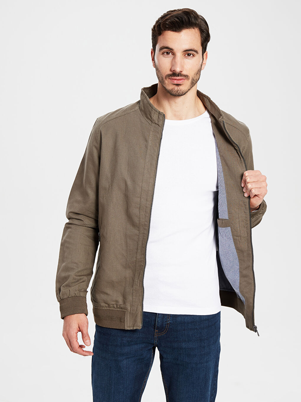 Haki Standart Kalıp Dik Yaka İnce Erkek Mont-3