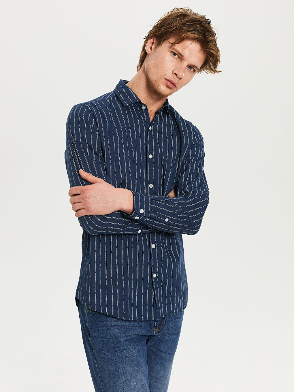 İndigo Ekstra Slim Fit Uzun Kollu Çizgili Erkek Gömlek-2