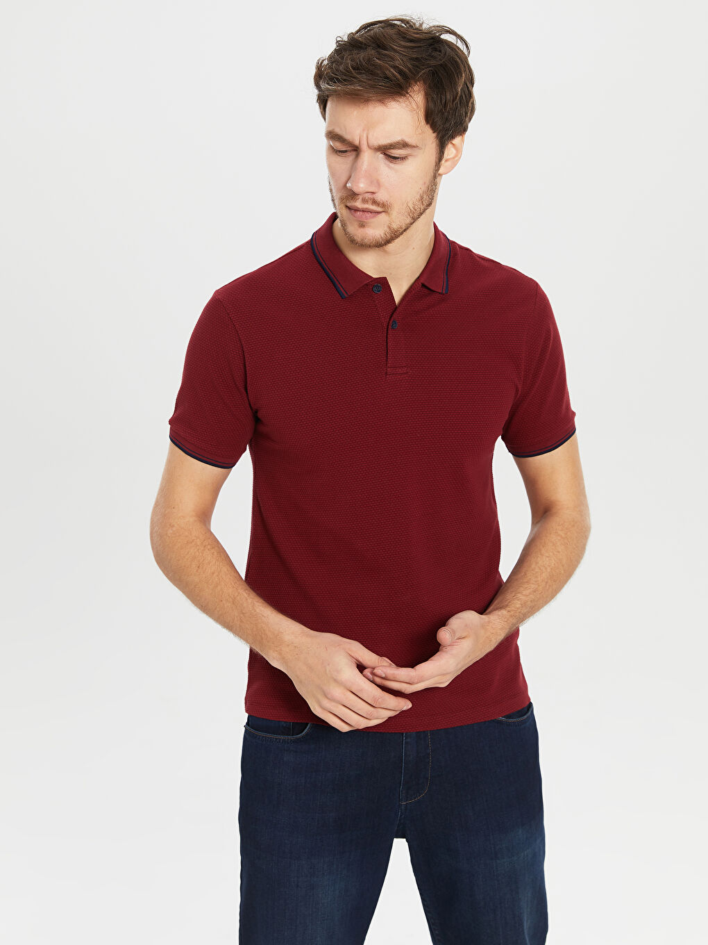Bordo Polo Yaka Kısa Kollu Pike Erkek Tişört-2