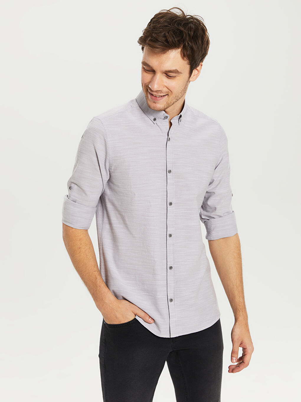 Gri Slim Fit Uzun Kollu Poplin Erkek Gömlek