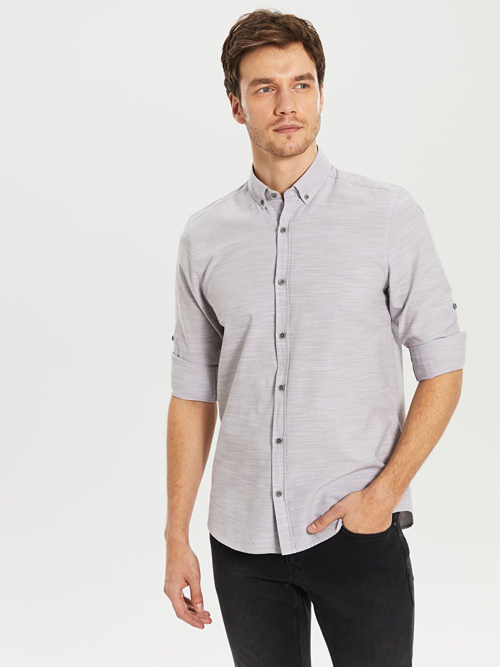 Gri Slim Fit Uzun Kollu Poplin Erkek Gömlek-1