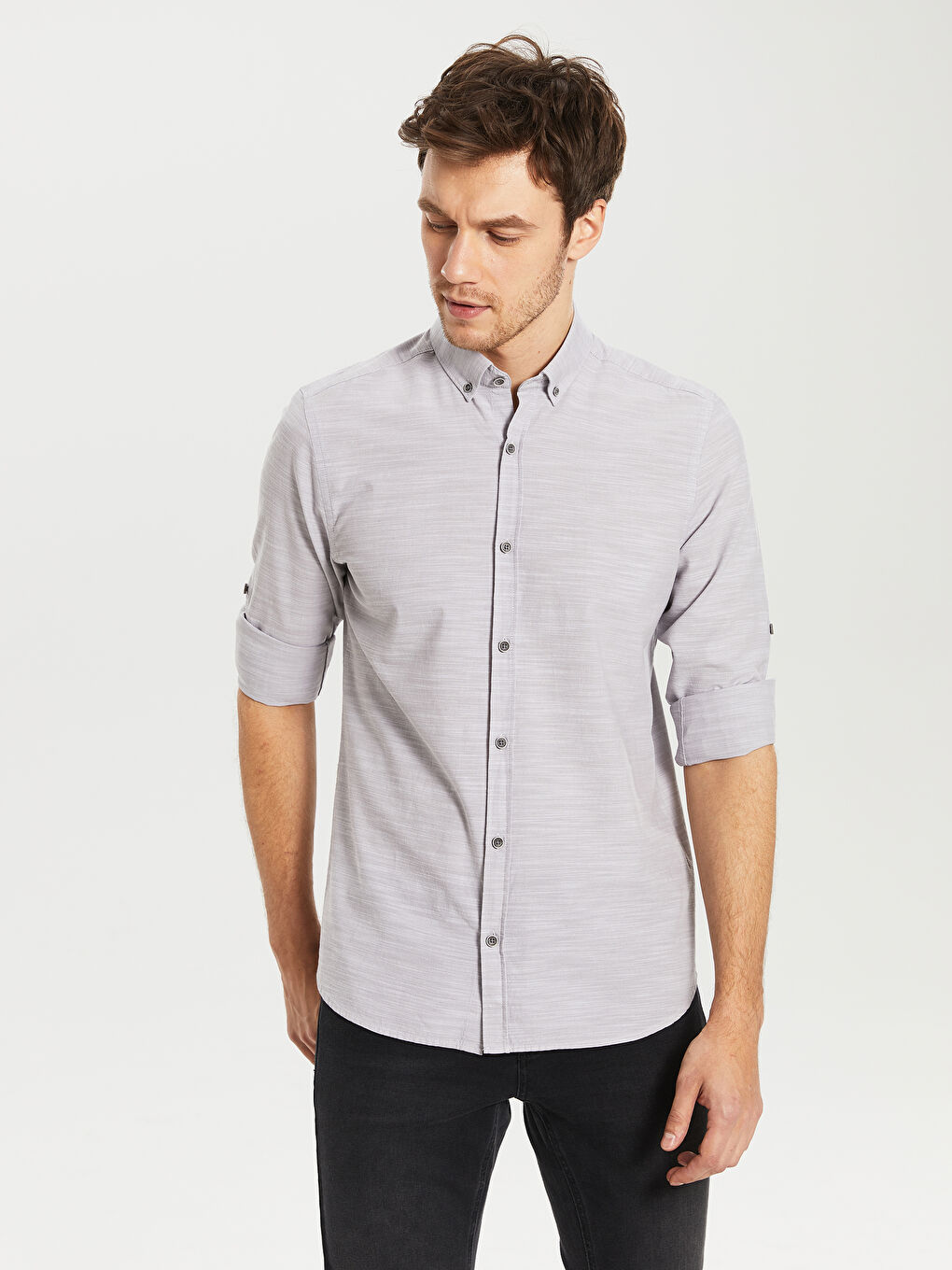 Gri Slim Fit Uzun Kollu Poplin Erkek Gömlek-2