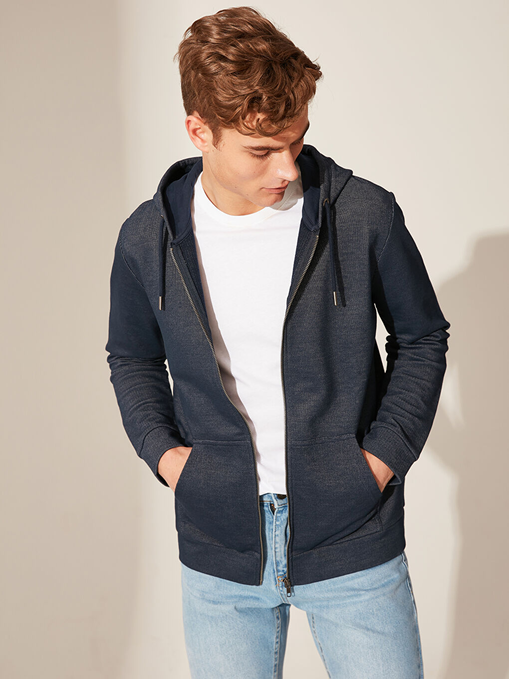 Lacivert Kapüşonlu Uzun Kollu Erkek Fermuarlı Sweatshirt